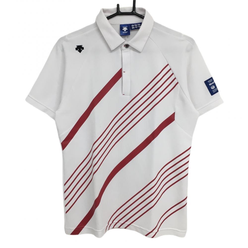 デサントゴルフ 半袖ポロシャツ 白×レッド 斜めストライプ 中田英寿 メンズ M ゴルフウェア DESCENTE 画像