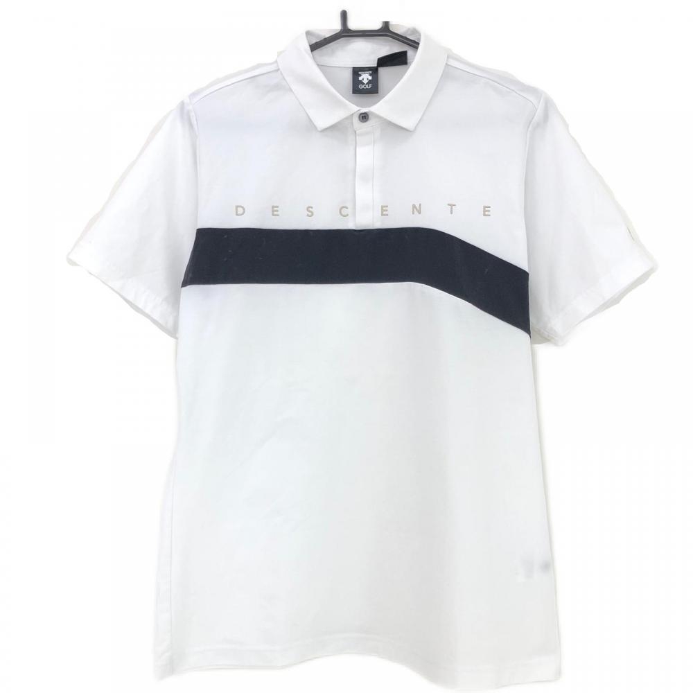 デサントゴルフ 半袖ポロシャツ 白×黒 胸元ロゴ ストレッチ 中田英寿  メンズ O(XL) ゴルフウェア 2022年モデル DESCENTE