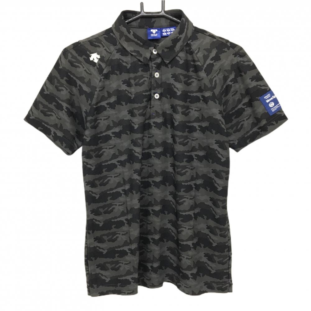 【超美品】デサントゴルフ 半袖ポロシャツ グレー×黒 カモフラ柄 迷彩 ロゴ刺しゅう メンズ M ゴルフウェア DESCENTE