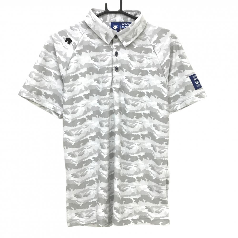 【超美品】デサントゴルフ 半袖ポロシャツ ライトグレー×グレー 迷彩柄 カモフラ 肩ロゴ 中田英寿 メンズ O ゴルフウェア DESCENTE