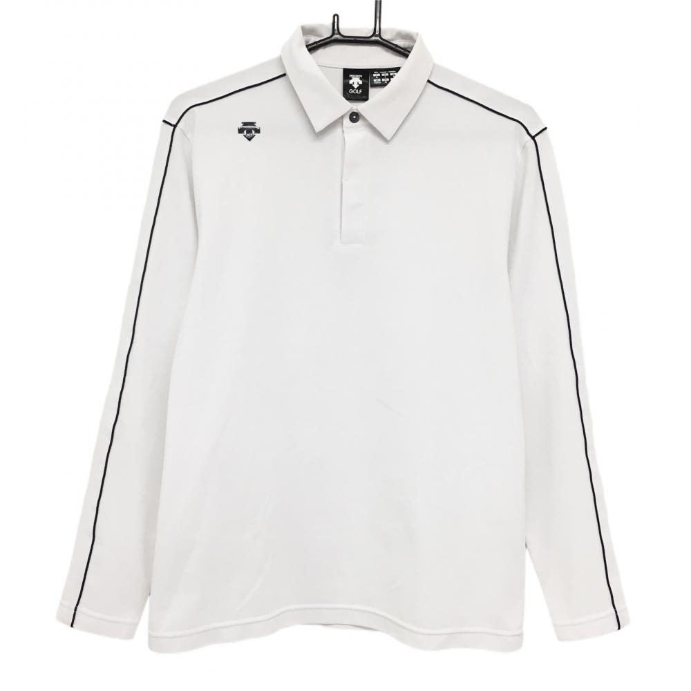 デサントゴルフ 長袖ポロシャツ 白×ネイビー 肩ロゴ 肩・袖ライン メンズ M ゴルフウェア DESCENTE