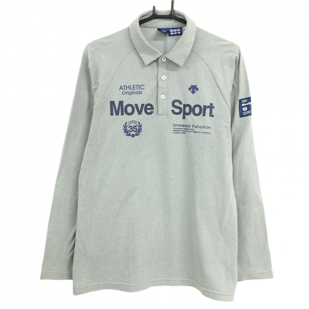 【超美品】デサントゴルフ 長袖ポロシャツ グレー ロゴネイビー ストレッチ 中田英寿 メンズ O(XL) ゴルフウェア DESCENTE