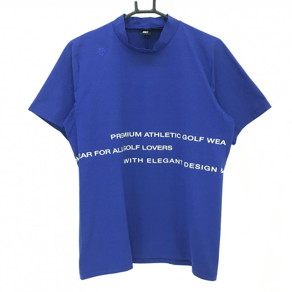 【超美品】デサントゴルフ 半袖ハイネックシャツ ブルー×ライトベージュ 前後プリント メンズ L ゴルフウェア 2022年モデル DESCENTE