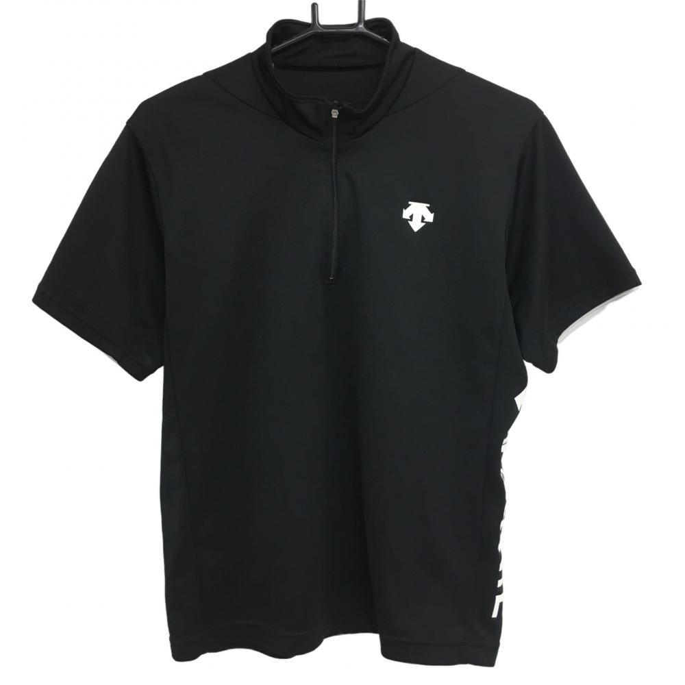 【超美品】デサント 半袖ハイネックシャツ 黒×白 ロゴプリント ハーフジップ メンズ L ゴルフウェア DESCENTE