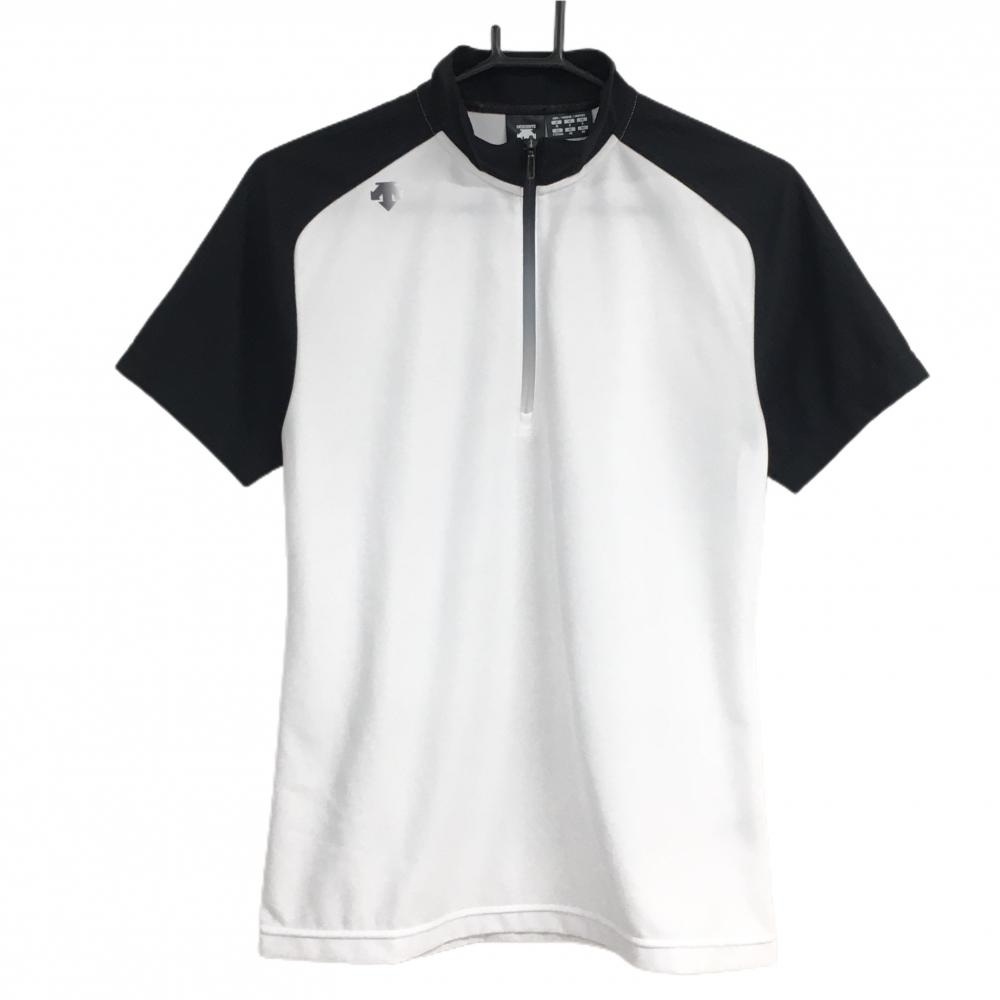デサントゴルフ 半袖ハイネックシャツ 白×黒 ハーフジップ 肩ロゴ 中田英寿 メンズ M ゴルフウェア DESCENTE
