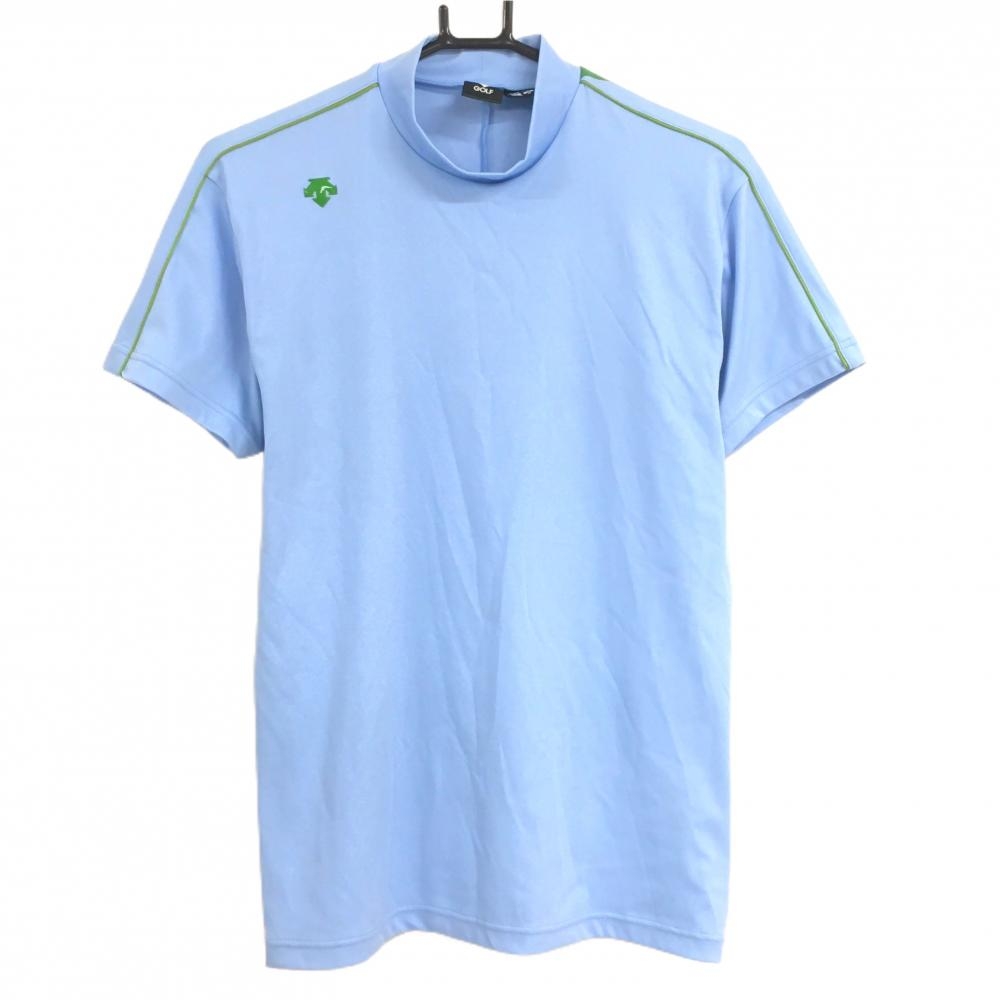 【超美品】デサントゴルフ 半袖ハイネックシャツ ライトブルー×グリーン 肩ロゴ 背面プリント 中田英寿 メンズ M ゴルフウェア DESCENTE
