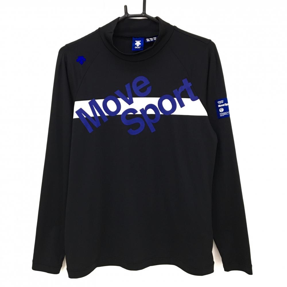 【超美品】デサントゴルフ 長袖ハイネックシャツ 黒×パープルブルー 英字プリント 中田英寿 メンズ M ゴルフウェア DESCENTE