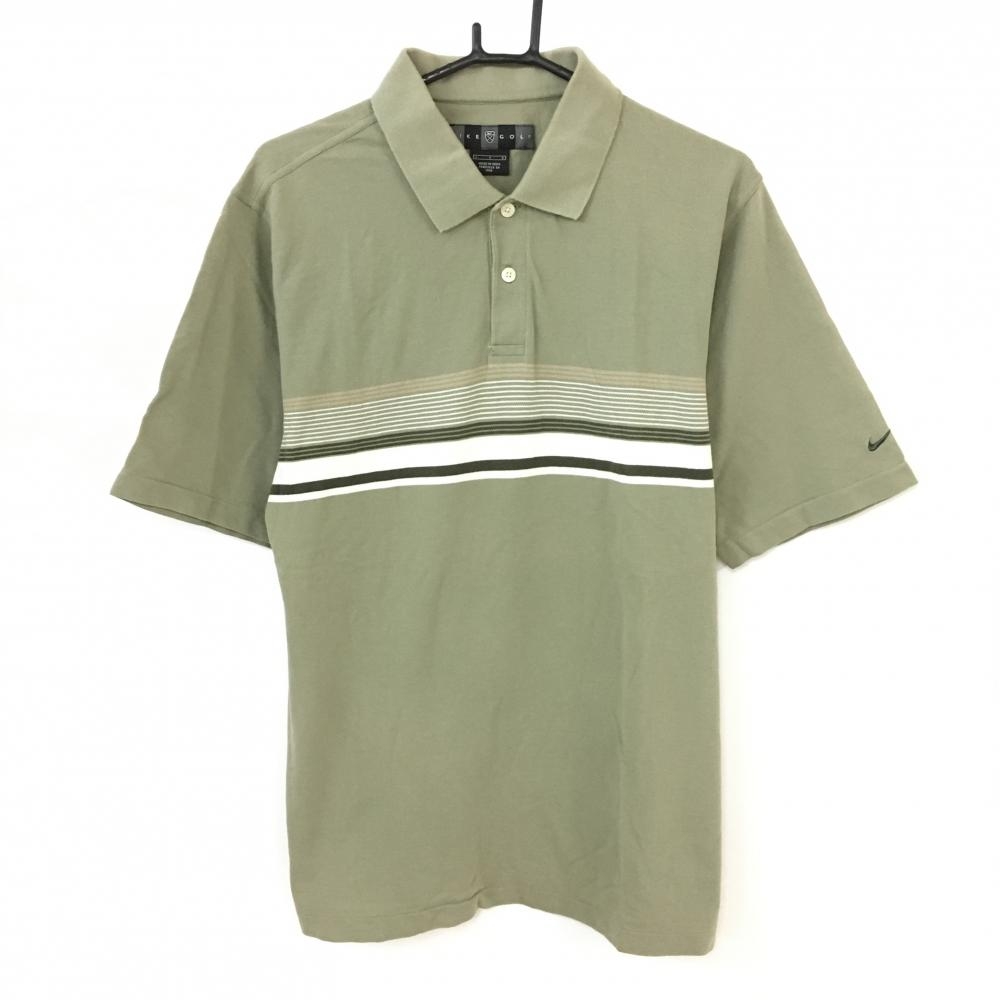 NIKE ナイキゴルフ 半袖ポロシャツ ライトカーキ×白 一部ボーダー 綿100％ メンズ L ゴルフウェア