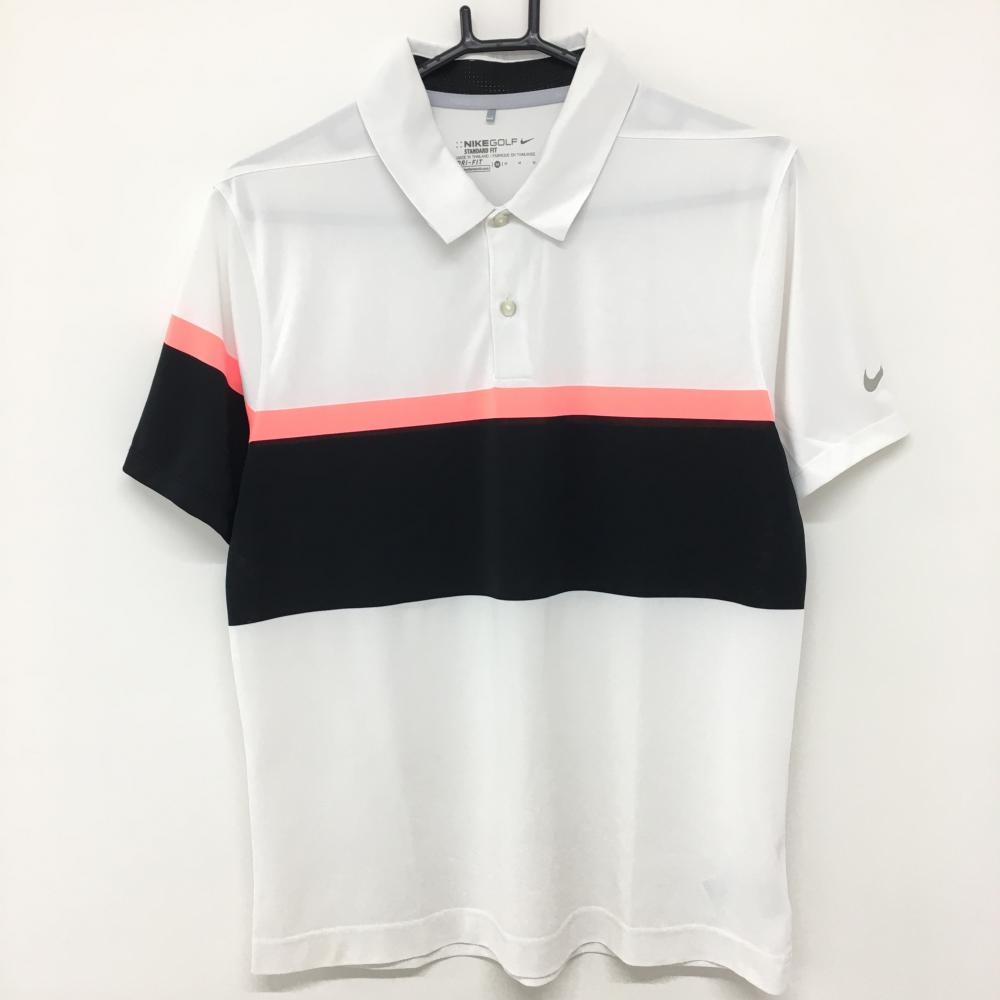 ナイキ 半袖ポロシャツ 白×蛍光ピンク×黒 DRI-FIT ロゴプリント  メンズ M ゴルフウェア NIKE