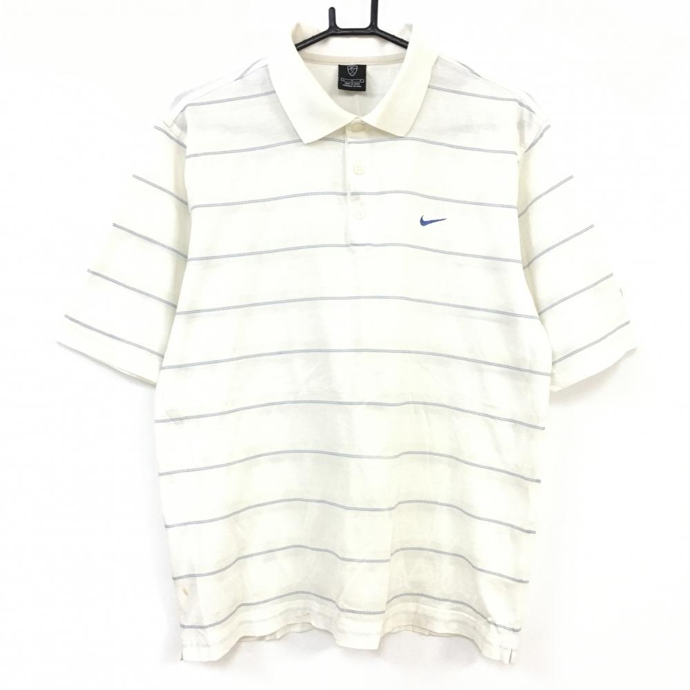 NIKE ナイキ 半袖ポロシャツ 白×ライトブルー ボーダー ロゴ刺しゅう メンズ LGG ゴルフウェア