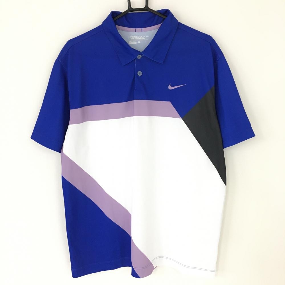 【美品】ナイキ 半袖ポロシャツ ブルー×パープル 総柄 DRI-FIT  メンズ L ゴルフウェア NIKE