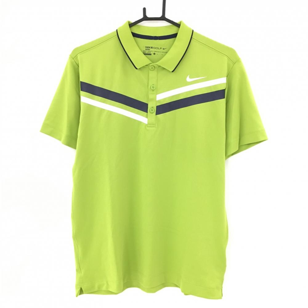 【超美品】ナイキ 半袖ポロシャツ ライトグリーン×ネイビー 胸ライン メンズ M ゴルフウェア NIKE