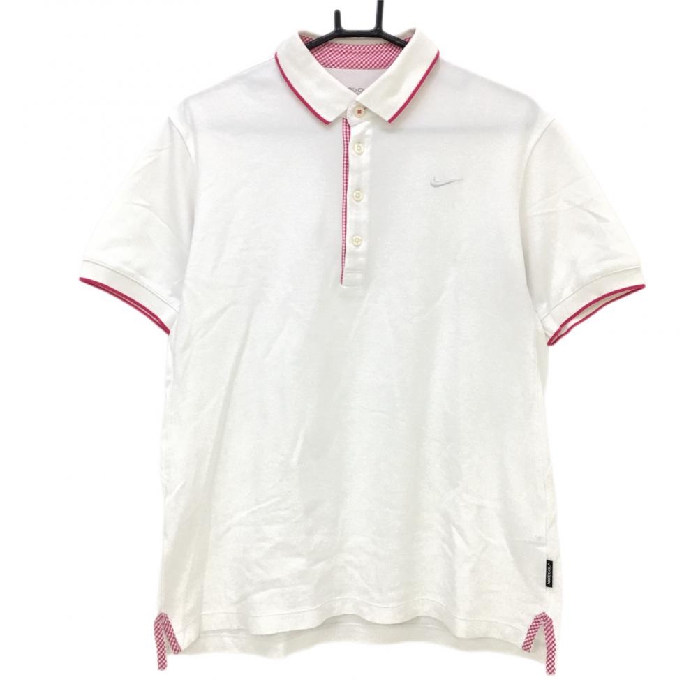 ナイキ 半袖ポロシャツ 白×ピンク 前立て内側チェック ロゴ刺しゅう DRI-FIT メンズ L ゴルフウェア NIKE