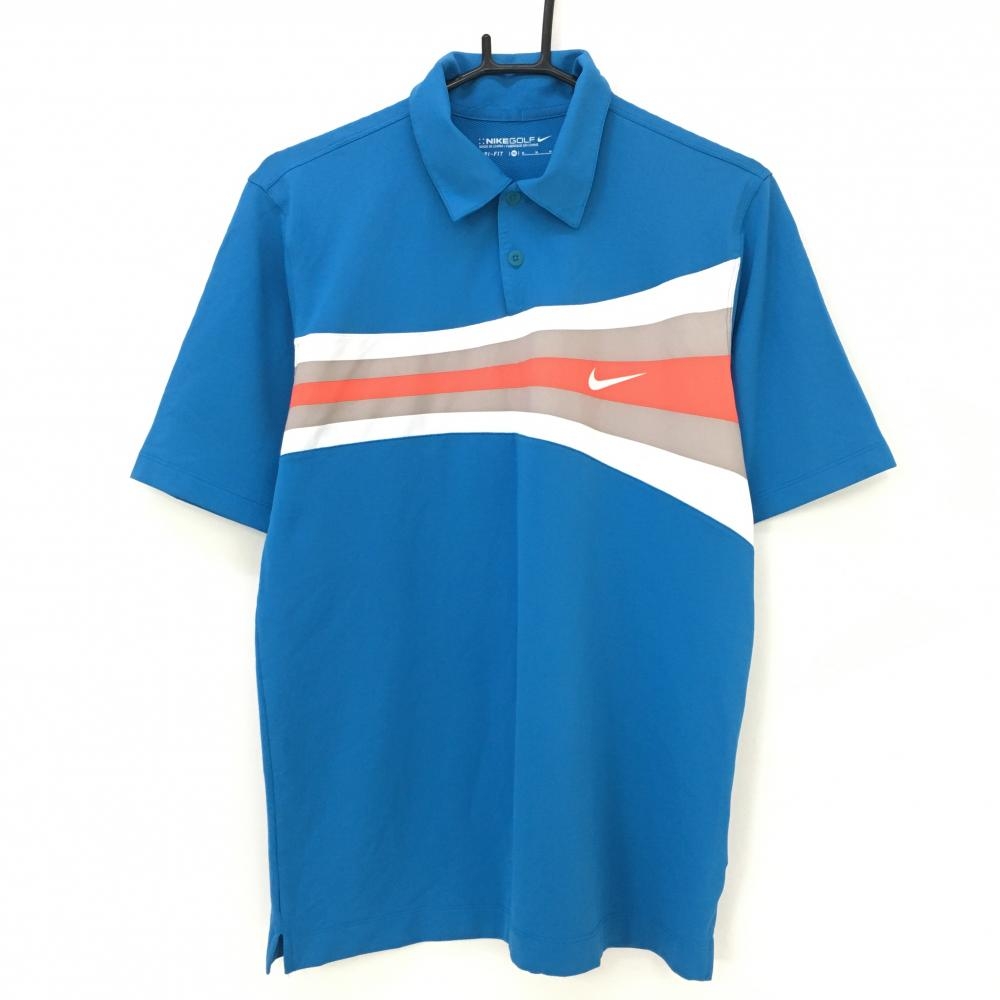 【美品】ナイキ 半袖ポロシャツ ブルー×白 胸部柄 DRI-FIT  メンズ M ゴルフウェア NIKE