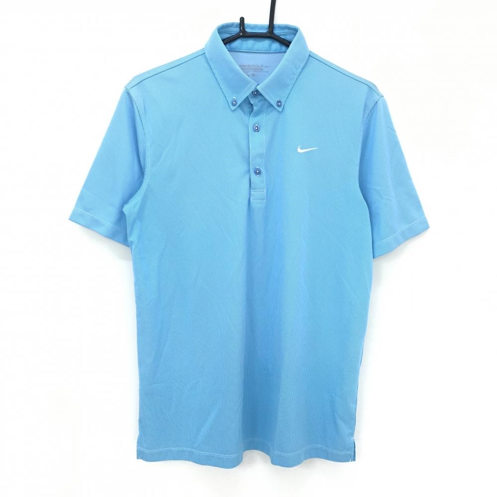 ナイキゴルフ 半袖ポロシャツ ブルー×白 ストライプ ロゴ刺しゅう ボタンダウン メンズ L ゴルフウェア NIKE