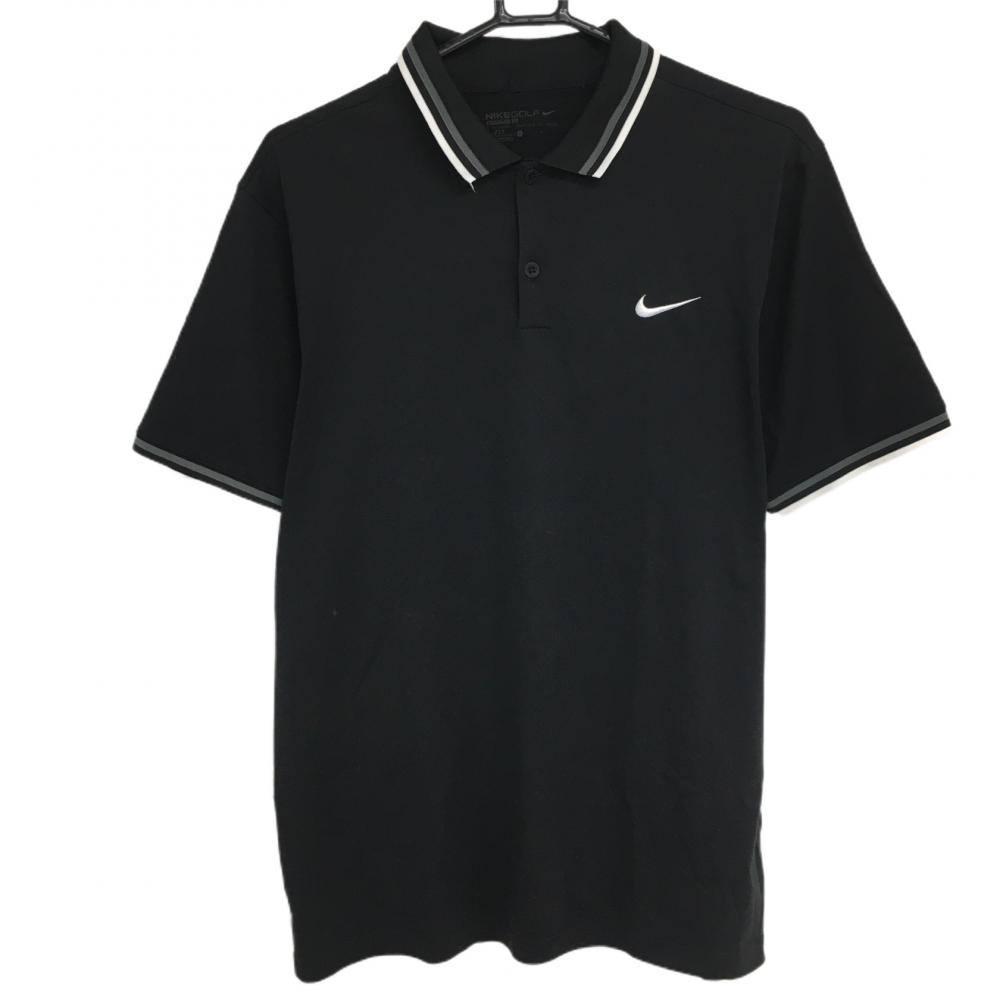【美品】ナイキゴルフ 半袖ポロシャツ 黒×白 リブライン ロゴ刺しゅう  メンズ L ゴルフウェア NIKE
