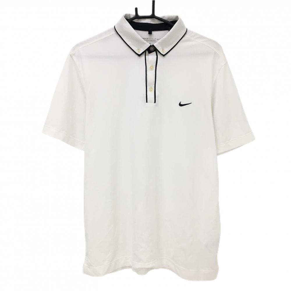 【美品】ナイキゴルフ 半袖ポロシャツ 白×黒 ボタンダウン 胸ロゴ刺しゅう メンズ XL ゴルフウェア NIKE