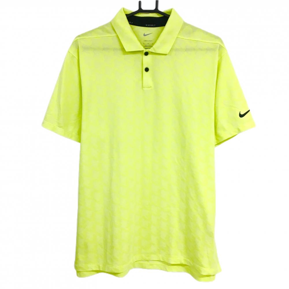 【超美品】ナイキ 半袖ポロシャツ イエロー系 総柄地模様 ロゴ黒 メンズ XL ゴルフウェア NIKE
