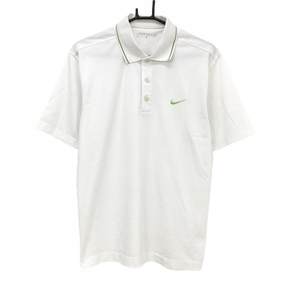 【超美品】ナイキゴルフ 半袖ポロシャツ 白×ライトグリーン ロゴ刺しゅう 襟ライン メンズ L ゴルフウェア NIKE