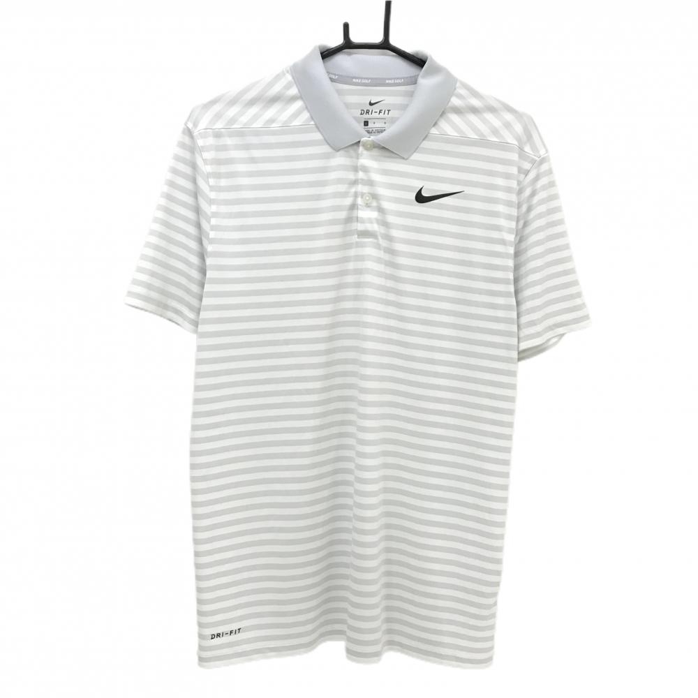 ナイキゴルフ 半袖ポロシャツ ライトグレー×白 ボーダー ロゴプリント メンズ L ゴルフウェア NIKE