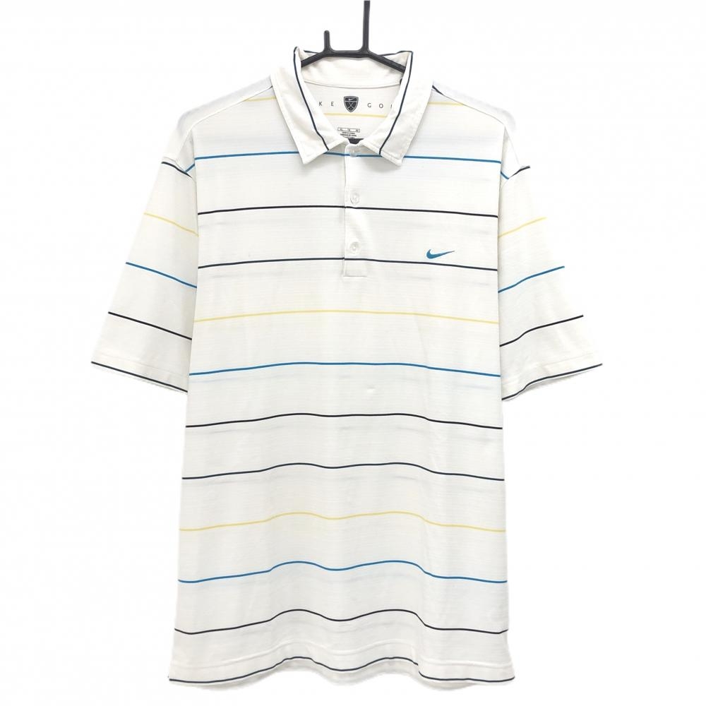 ナイキ 半袖ポロシャツ 白×ブルー×イエロー ボーダー  メンズ XL　TG　EG ゴルフウェア NIKE