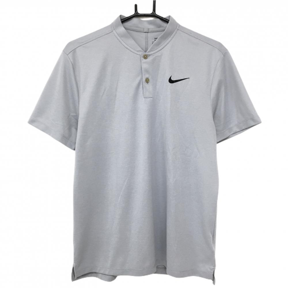 【美品】ナイキゴルフ 半袖ポロシャツ ライトグレー 地模様 ロゴ黒 スタンドカラー メンズ L ゴルフウェア NIKE