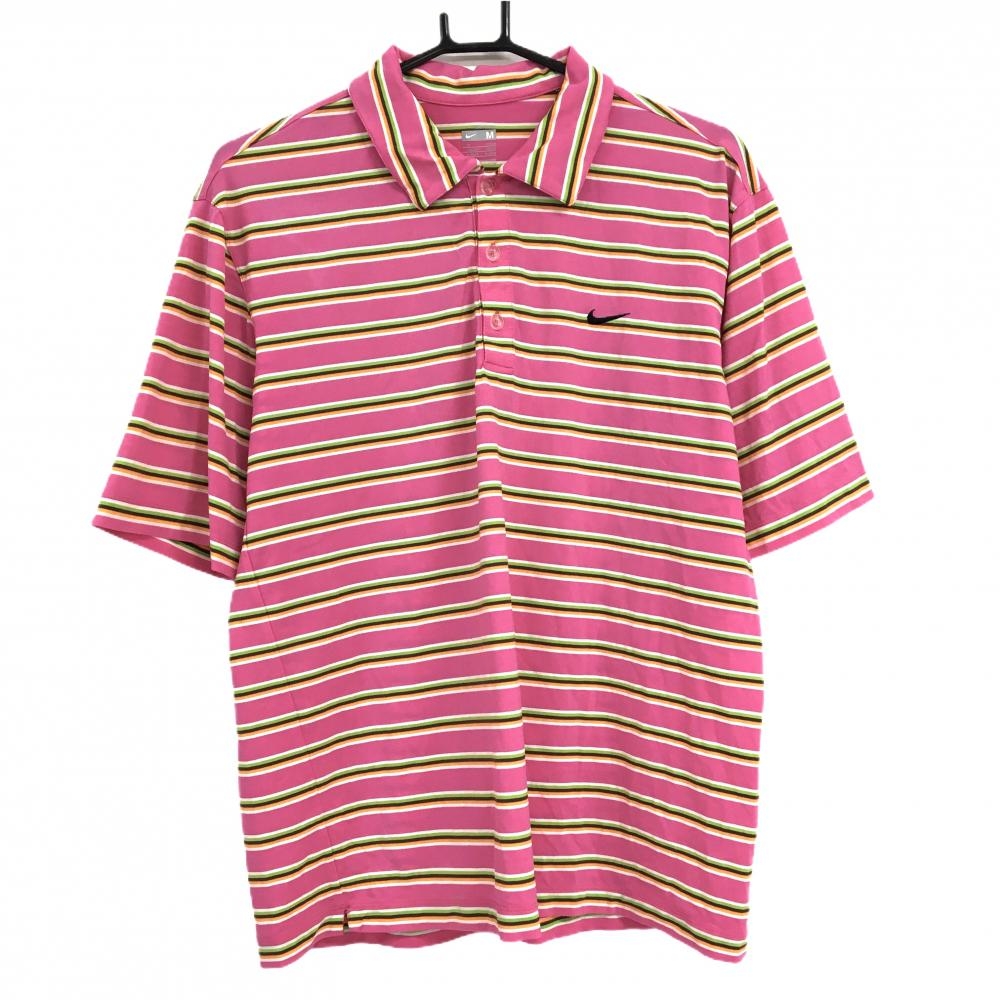 【美品】ナイキ 半袖ポロシャツ ピンク×ライトグリーン ボーダー ストレッチ メンズ M ゴルフウェア NIKE