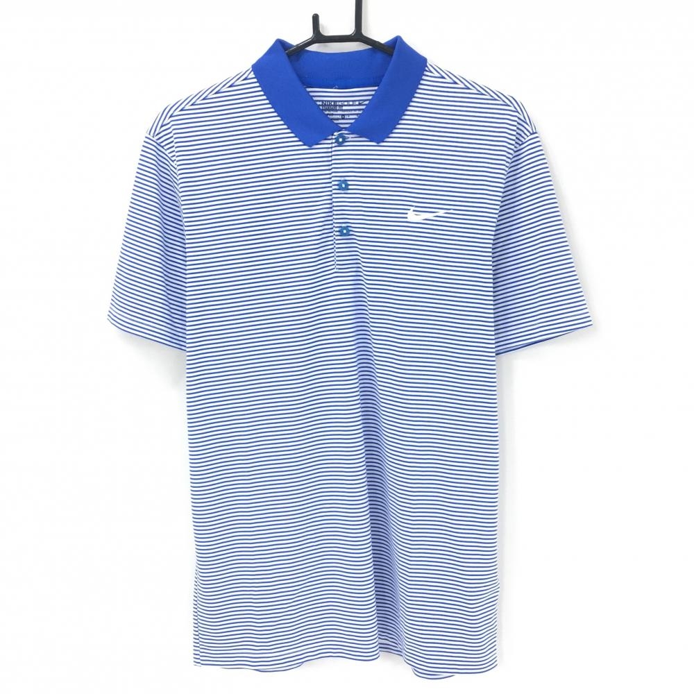 【超美品】ナイキゴルフ 半袖ポロシャツ 白×ブルー ボーダー ロゴ刺しゅう DRI-FIT メンズ M ゴルフウェア NIKE
