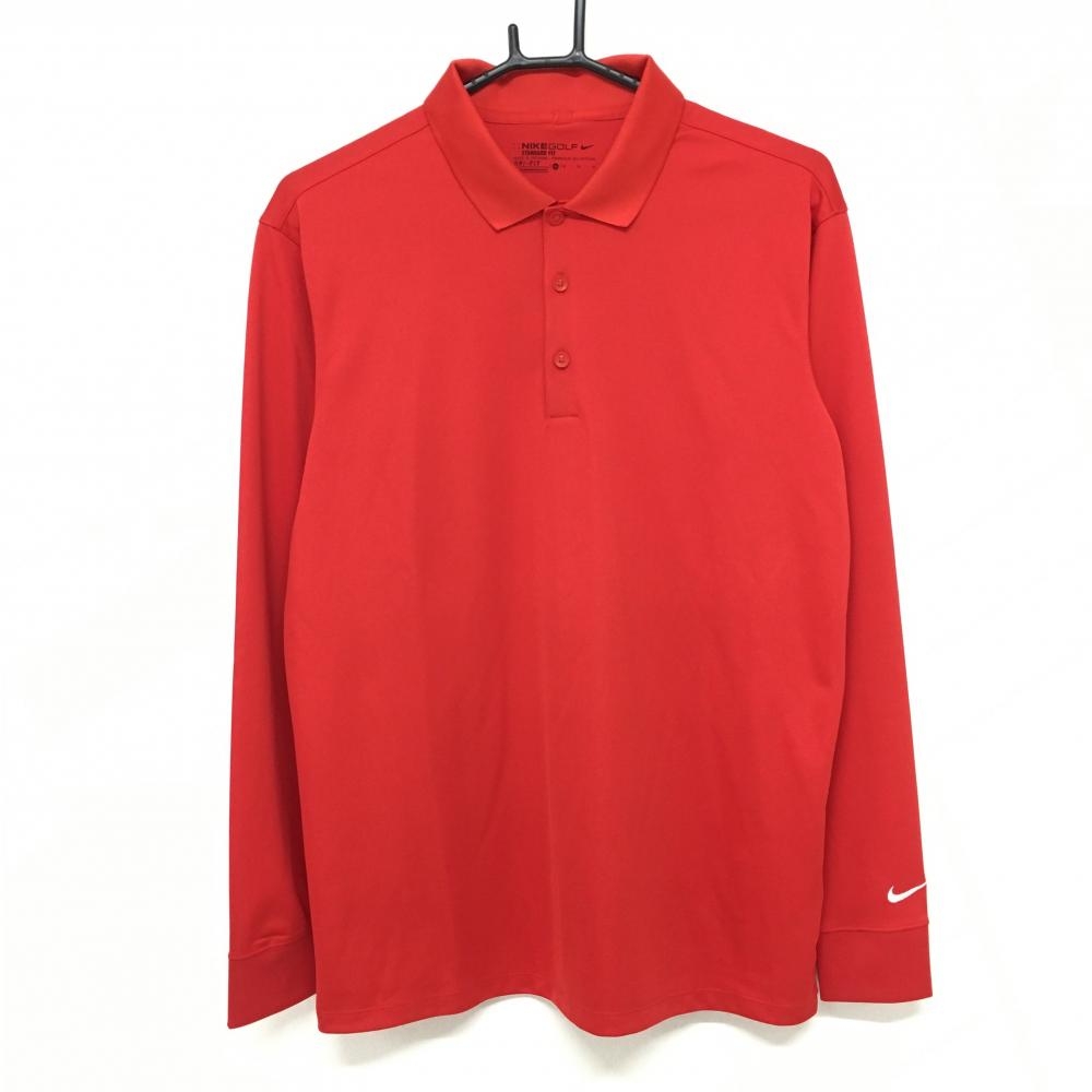 【美品】ナイキゴルフ 長袖ポロシャツ レッド シンプル 袖ロゴ刺しゅう DRI-FIT メンズ M ゴルフウェア NIKE