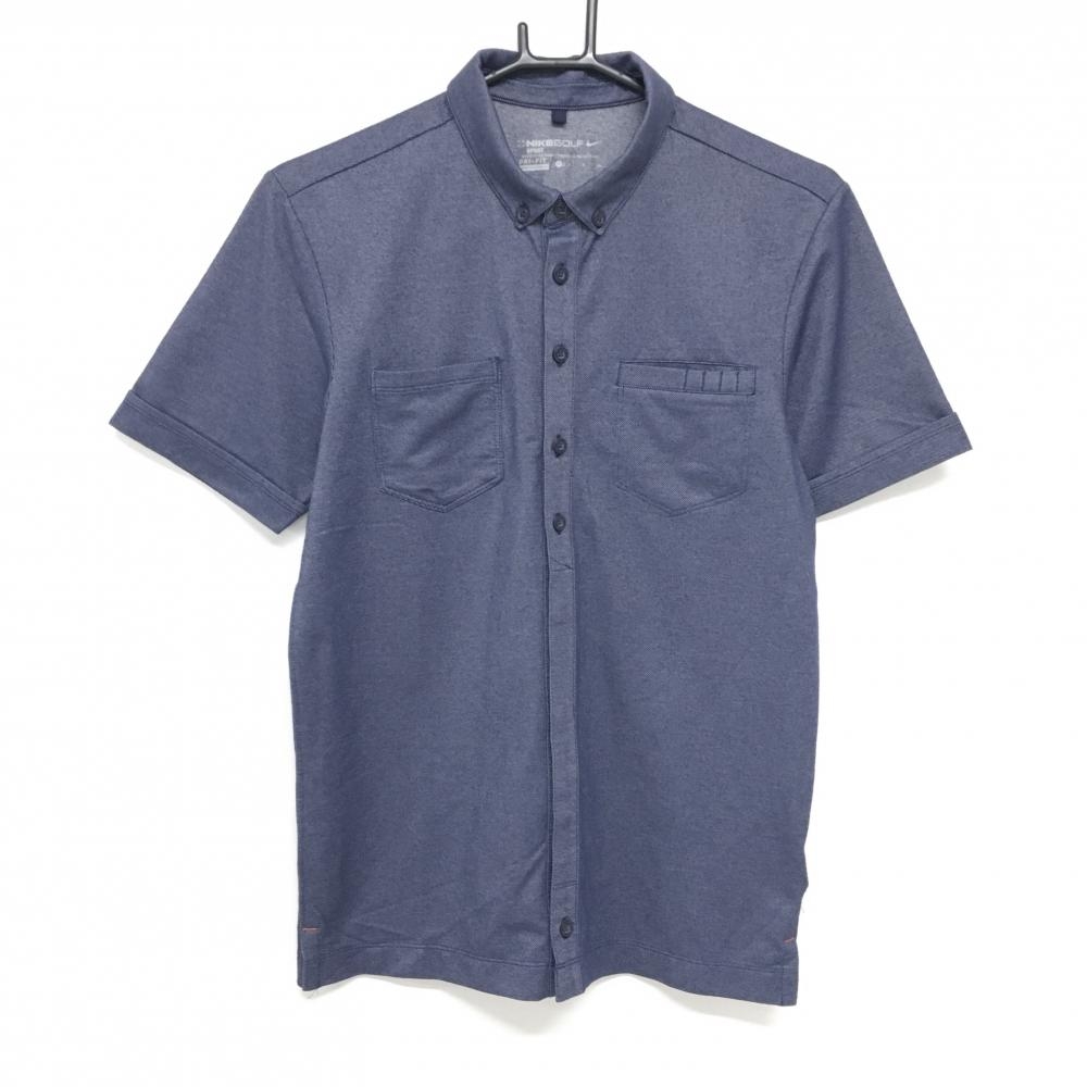 【超美品】ナイキゴルフ 半袖シャツ ネイビー デニム調 ボタンダウン DRI-FIT ティー装着可 胸ポケット付 メンズ S ゴルフウェア NIKE