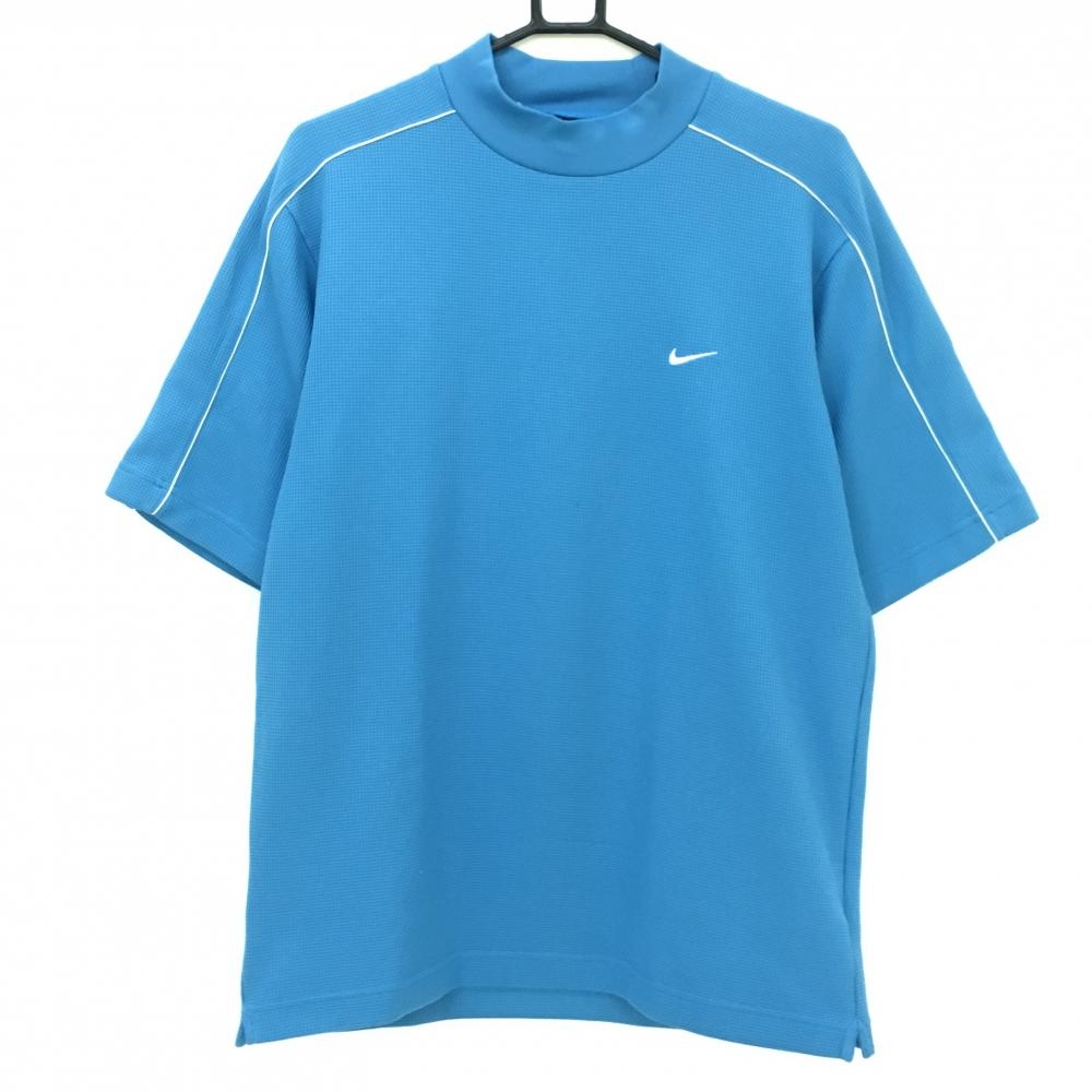 ナイキ 半袖ハイネックシャツ ブルー×白 織生地 ロゴ刺しゅう メンズ L/G/G ゴルフウェア NIKE