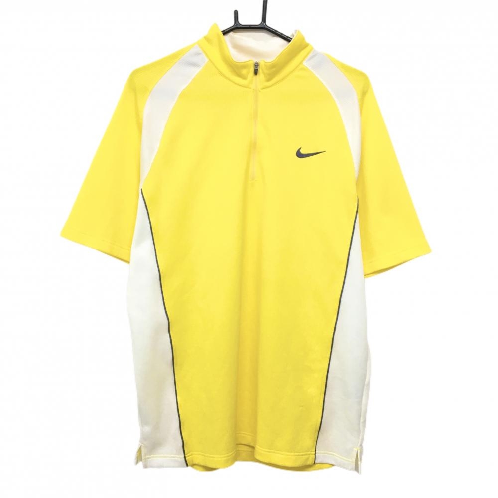 【美品】ナイキゴルフ 半袖ハイネックシャツ イエロー×白 織生地 ハーフジップ メンズ XXL ゴルフウェア NIKE