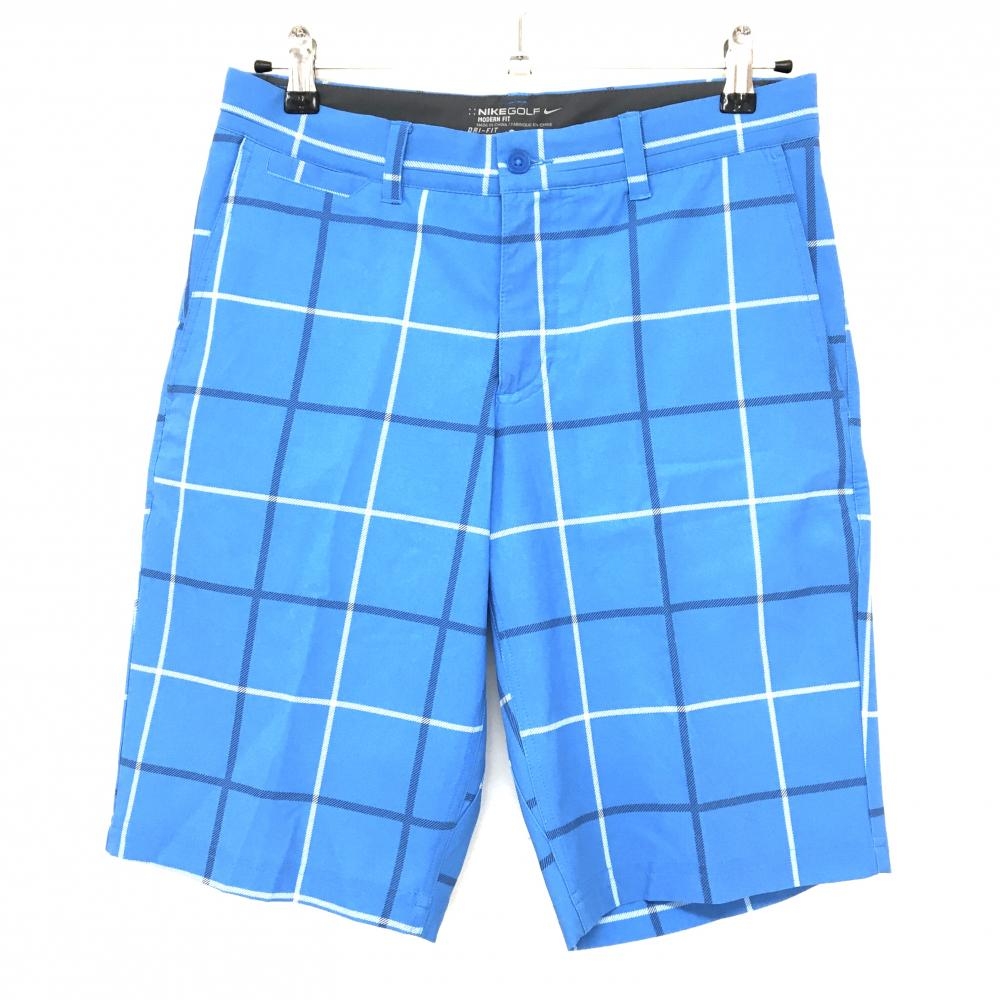 【超美品】ナイキゴルフ ハーフパンツ ブルー×白 チェック柄 ストレッチ DRI-FIT メンズ M ゴルフウェア NIKE