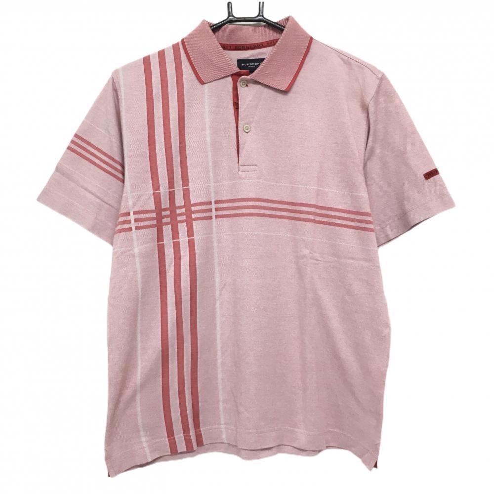 【美品】バーバリーゴルフ 半袖ポロシャツ レッド×白 3ライン 袖ロゴ メンズ M ゴルフウェア BURBERRY GOLF