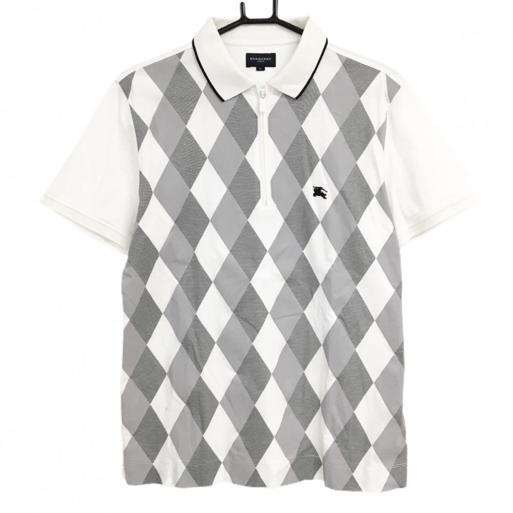 バーバリーゴルフ 半袖ポロシャツ 白×グレー×黒 前面ダイヤ柄 ハーフジップ メンズ L ゴルフウェア BURBERRY GOLF