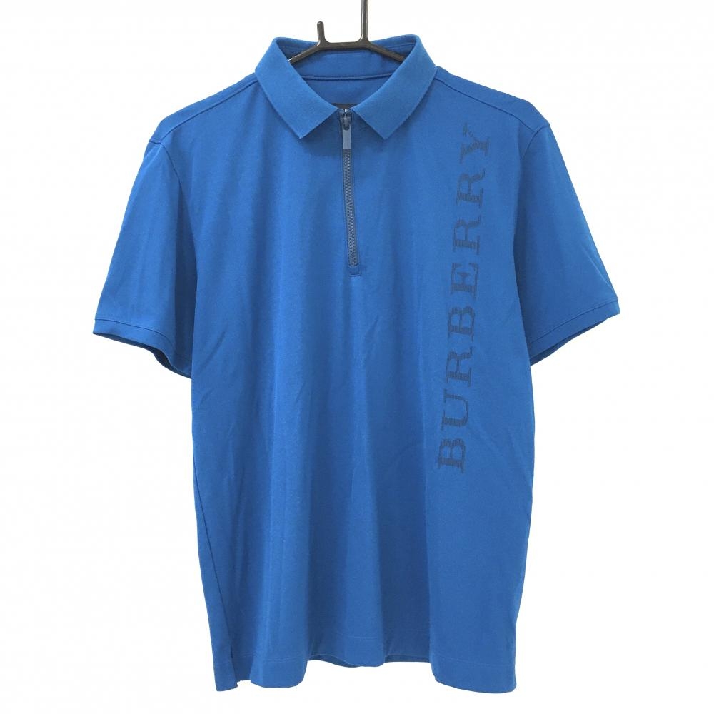 【美品】バーバリーゴルフ 半袖ポロシャツ ブルー系 ハーフジップ ビッグロゴ メンズ 3(L) ゴルフウェア BURBERRY GOLF