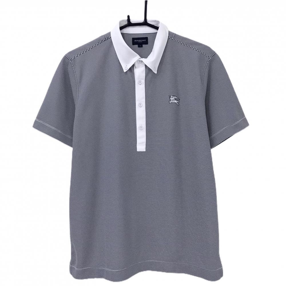 【超美品】バーバリーゴルフ 半袖ポロシャツ ダークグレー系×白 細ボーダー ボタンダウン メンズ 3(L) ゴルフウェア BURBERRY GOLF