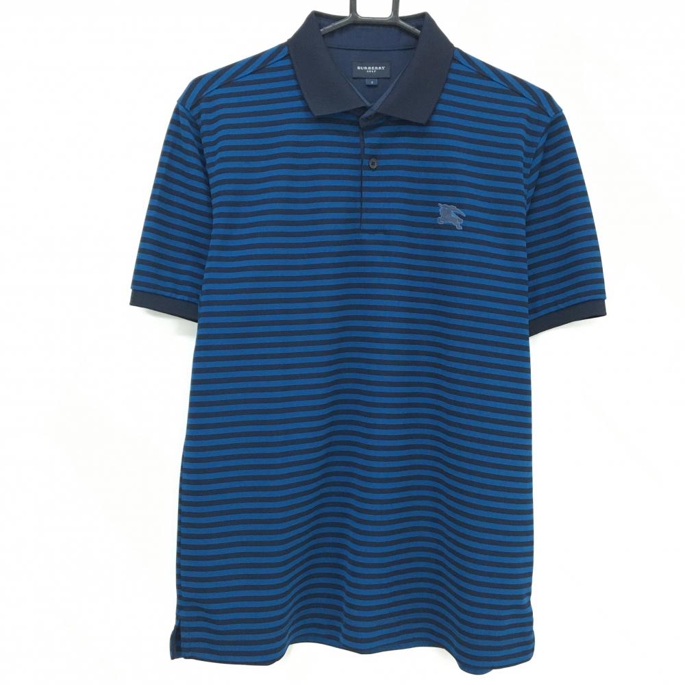 【超美品】バーバリーゴルフ 半袖ポロシャツ ブルー系×ダークネイビー系 ボーダー メンズ 3(L) ゴルフウェア BURBERRY GOLF