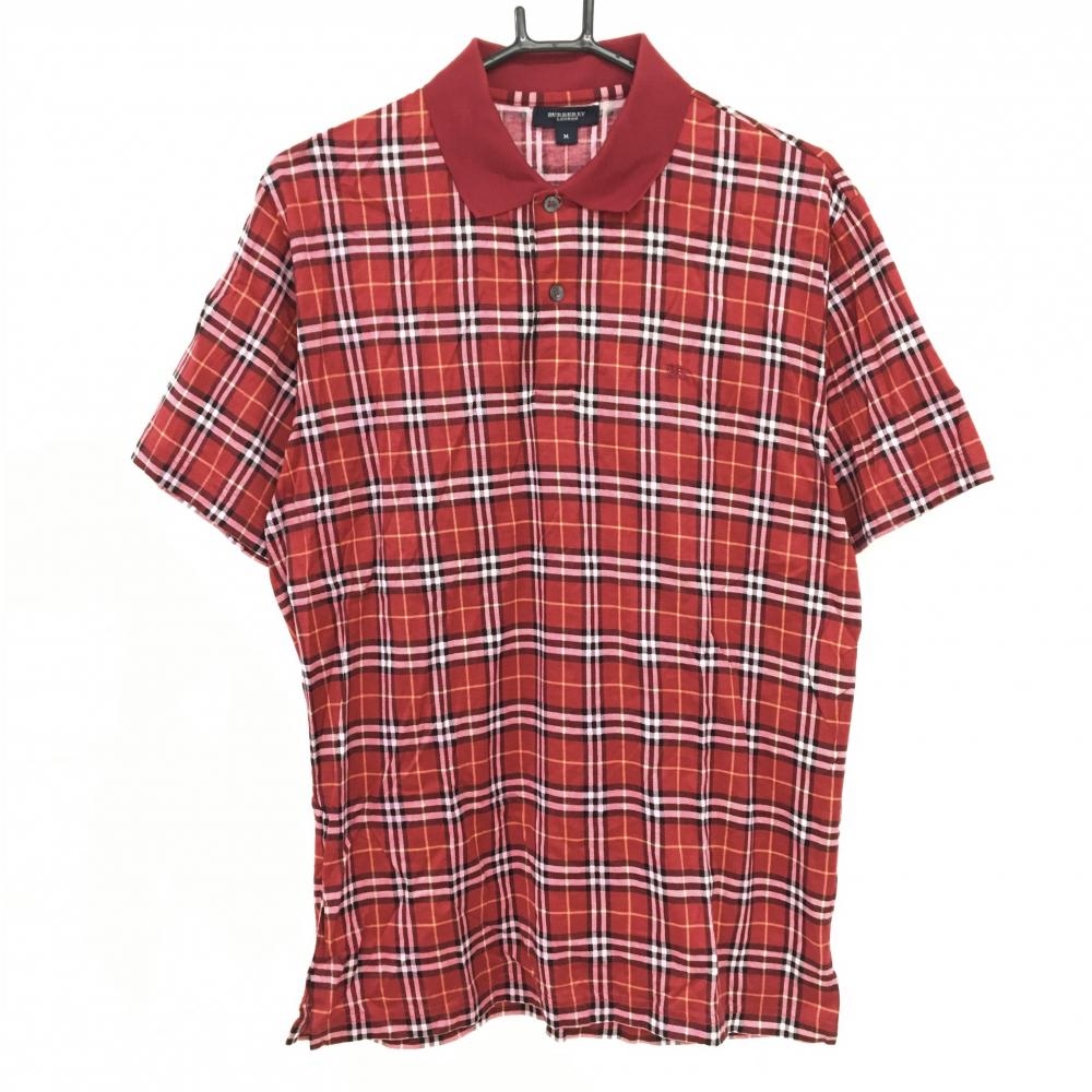 バーバリー 半袖ポロシャツ レッド×黒 チェック柄 ロゴ刺しゅう メンズ M ゴルフウェア BURBERRY GOLF