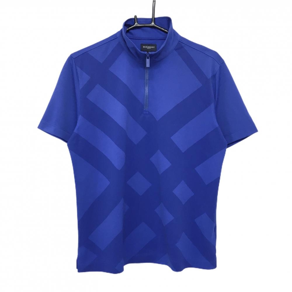バーバリーゴルフ 半袖ハイネックシャツ ブルー 前面チェック ハーフジップ メンズ 3(L) ゴルフウェア BURBERRY GOLF