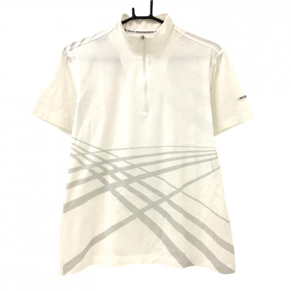 バーバリーゴルフ 半袖ハイネックシャツ 白×黒 一部チェック風 ハーフジップ  メンズ L ゴルフウェア BURBERRY GOLF
