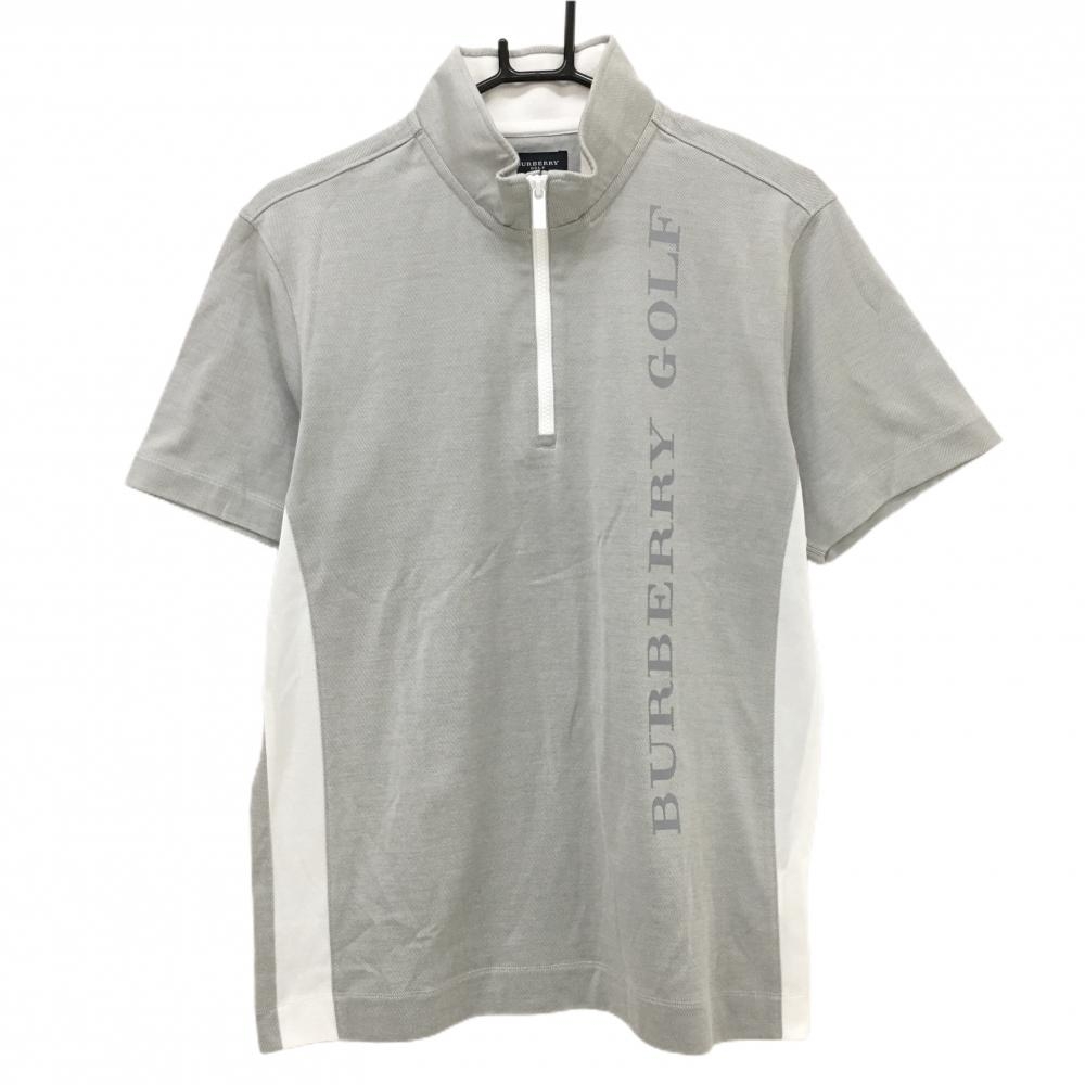 バーバリーゴルフ 半袖ハイネックシャツ ライトグレー系×白 ハーフジップ ビッグロゴ  メンズ L ゴルフウェア BURBERRY GOLF