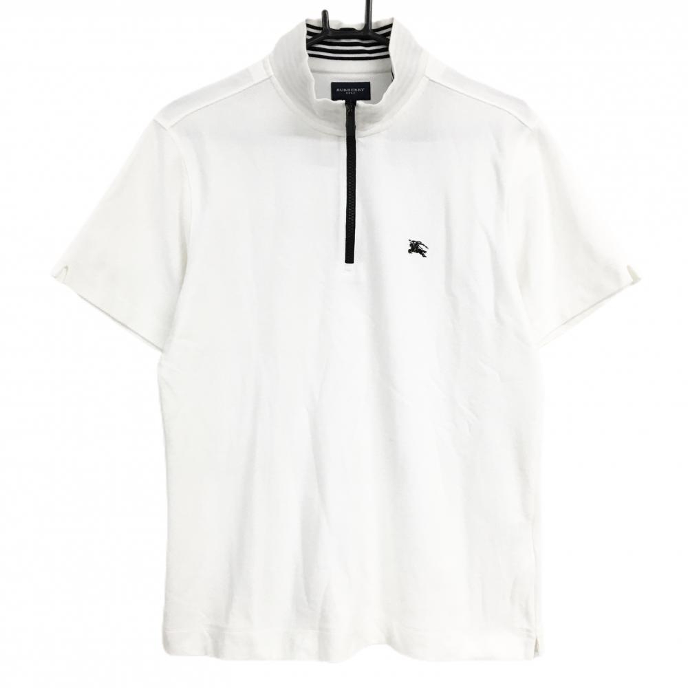 【美品】バーバリーゴルフ 半袖ハイネックシャツ 白 ハーフジップ ロゴ黒  メンズ L ゴルフウェア BURBERRY GOLF