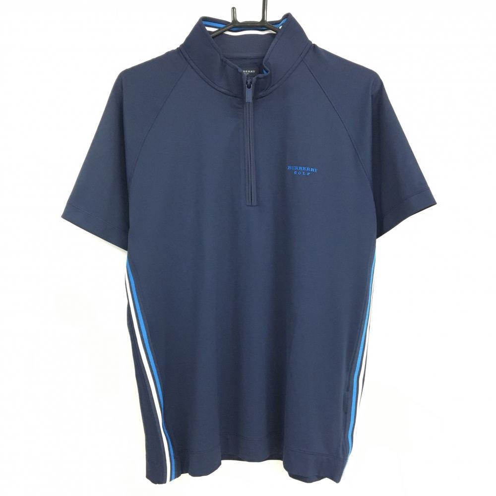 【超美品】バーバリーゴルフ 半袖ハイネックシャツ ネイビー サイドライン ハーフジップ メンズ L ゴルフウェア BURBERRY GOLF