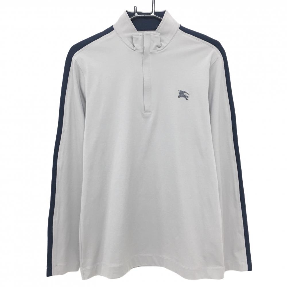 【超美品】バーバリーゴルフ 長袖ハイネックシャツ ライトグレー×ネイビー ハーフジップ メンズ L ゴルフウェア BURBERRY GOLF