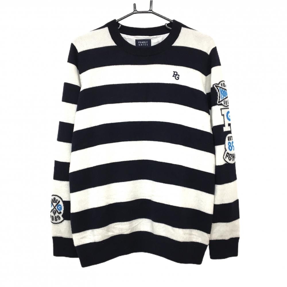 【超美品】パーリーゲイツ セーター 白×ネイビー ボーダー カシミヤ100％ 裏地付 メンズ 5(L) ゴルフウェア 2023年モデル PEARLY GATES
