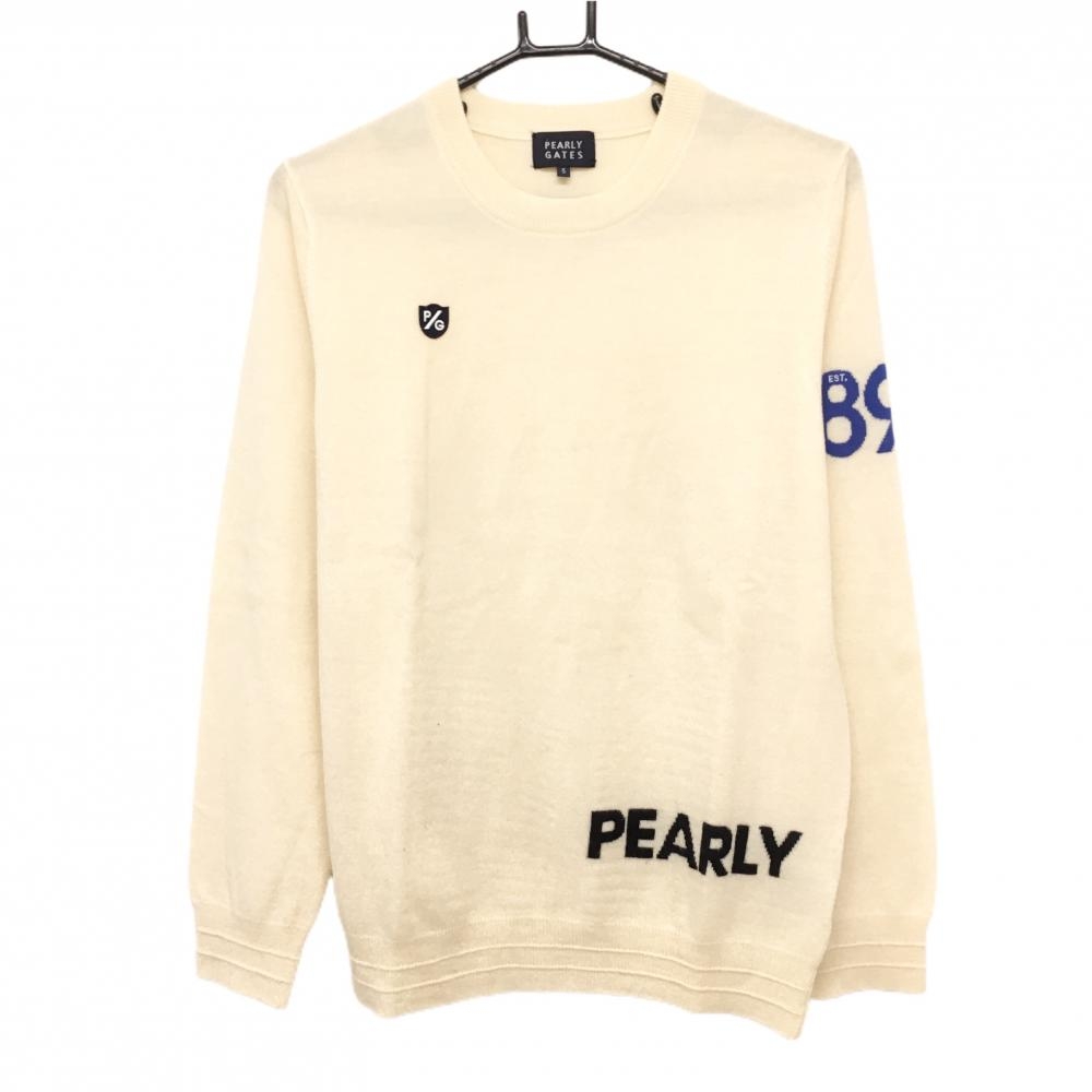 【美品】パーリーゲイツ セーター アイボリー×黒 ニット ウール100％ 裾ロゴ メンズ 5(L) ゴルフウェア PEARLY GATES