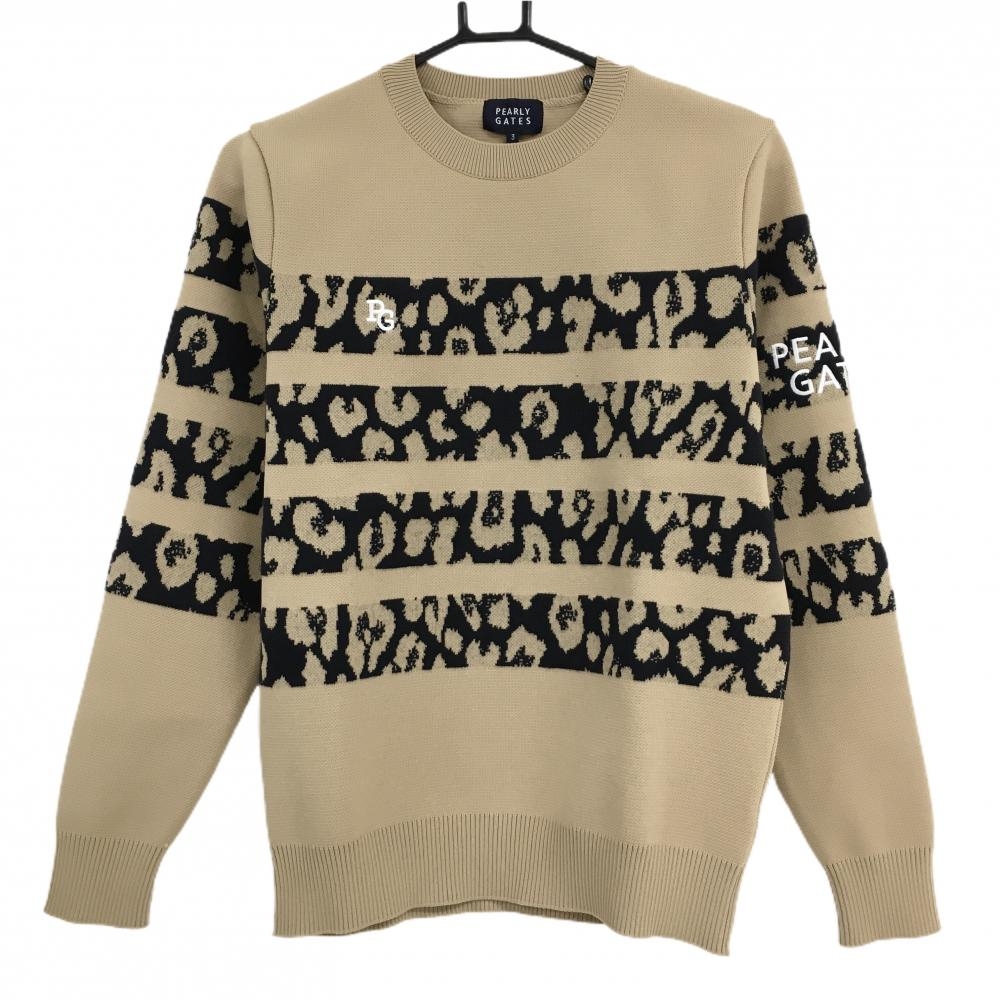 【新品】パーリーゲイツ セーター ライトブラウン×黒 一部レオパード ニット メンズ 3(S) ゴルフウェア PEARLY GATES