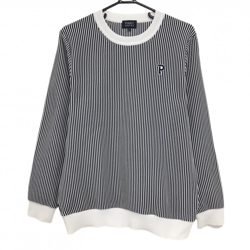 【超美品】パーリーゲイツ セーター 白×黒 ストライプ 背面ロゴ ニット メンズ 5(L) ゴルフウェア 2023年モデル PEARLY GATES