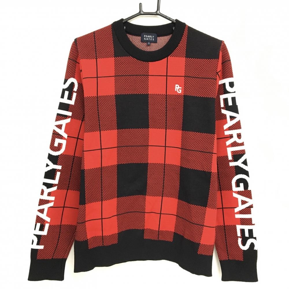 【超美品】パーリーゲイツ セーター レッド×黒 チェック ニット ウール混 メンズ 5(L) ゴルフウェア PEARLY GATES